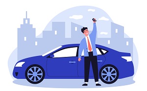 cartoon man holding keys up in front of new car